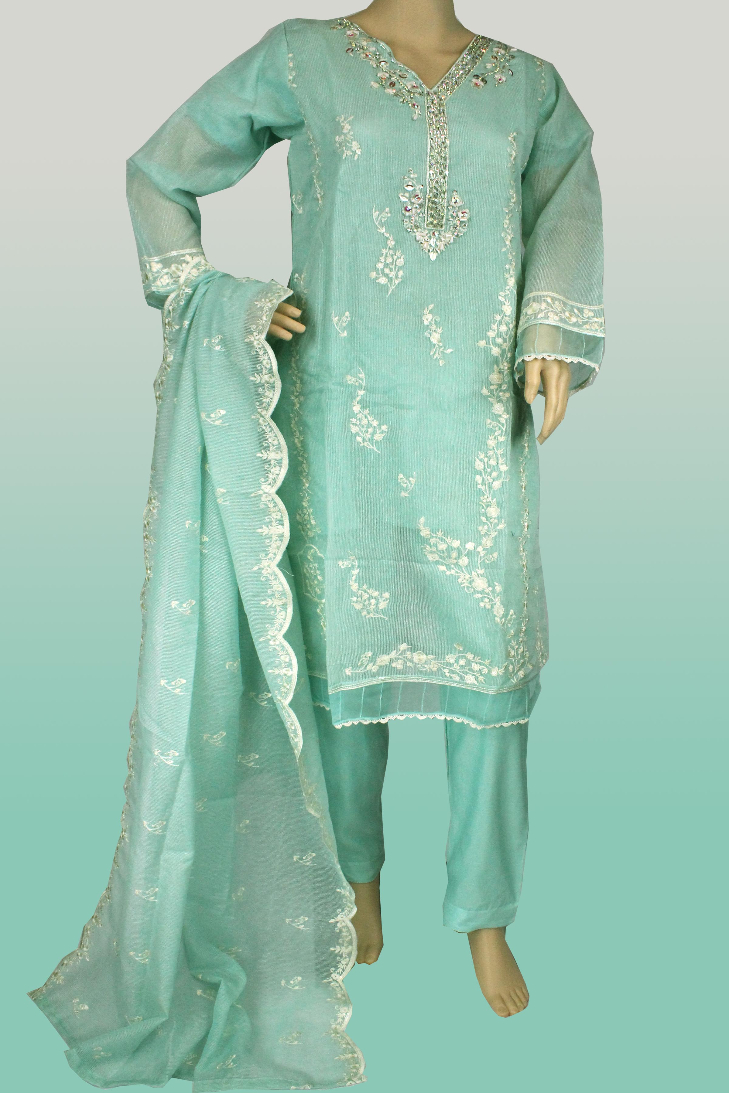 3 Piece - Khadi Net - Handwork - Shadow Green - KN-6000