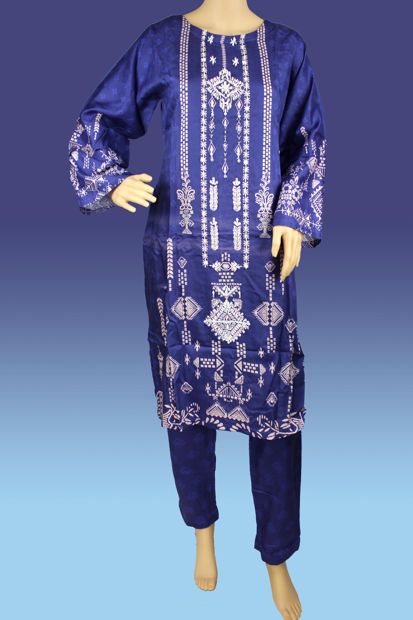 2 Piece - Viscose - Digital Printed - Handwork - Blue - White - 4300