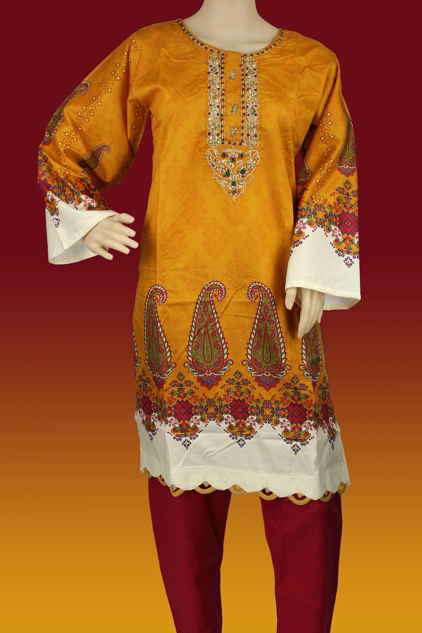 2 Piece - Cotton - Digital Printed - Handwork - Orange - Maroon - 4600