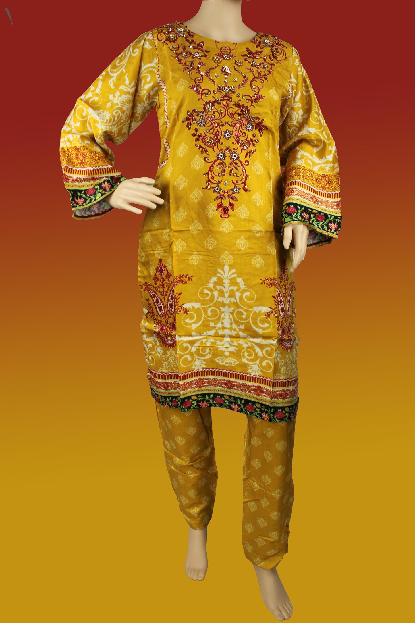 2 Piece - Cotton - Digital Printed - Handwork - Yellow - Maroon - 2800