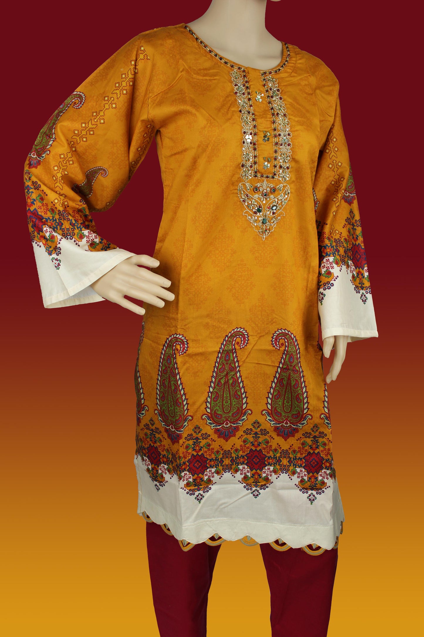 2 Piece - Cotton - Digital Printed - Handwork - Orange - Maroon - 4600