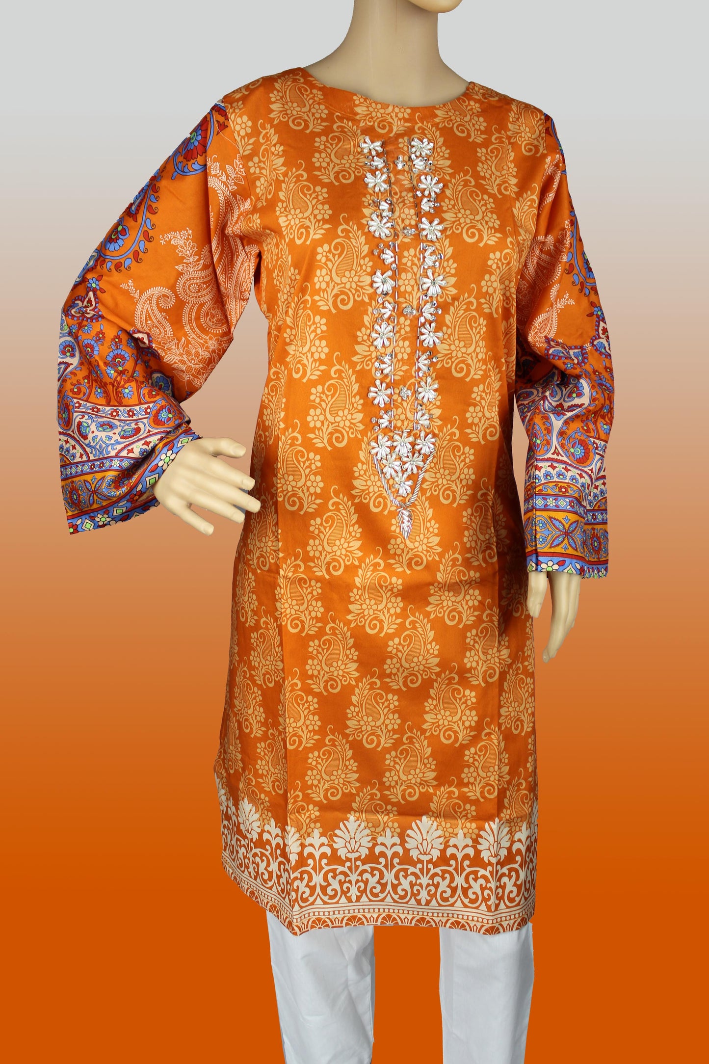 2 Piece - Cotton - Digital Printed - Handwork - Orange - White - 4900