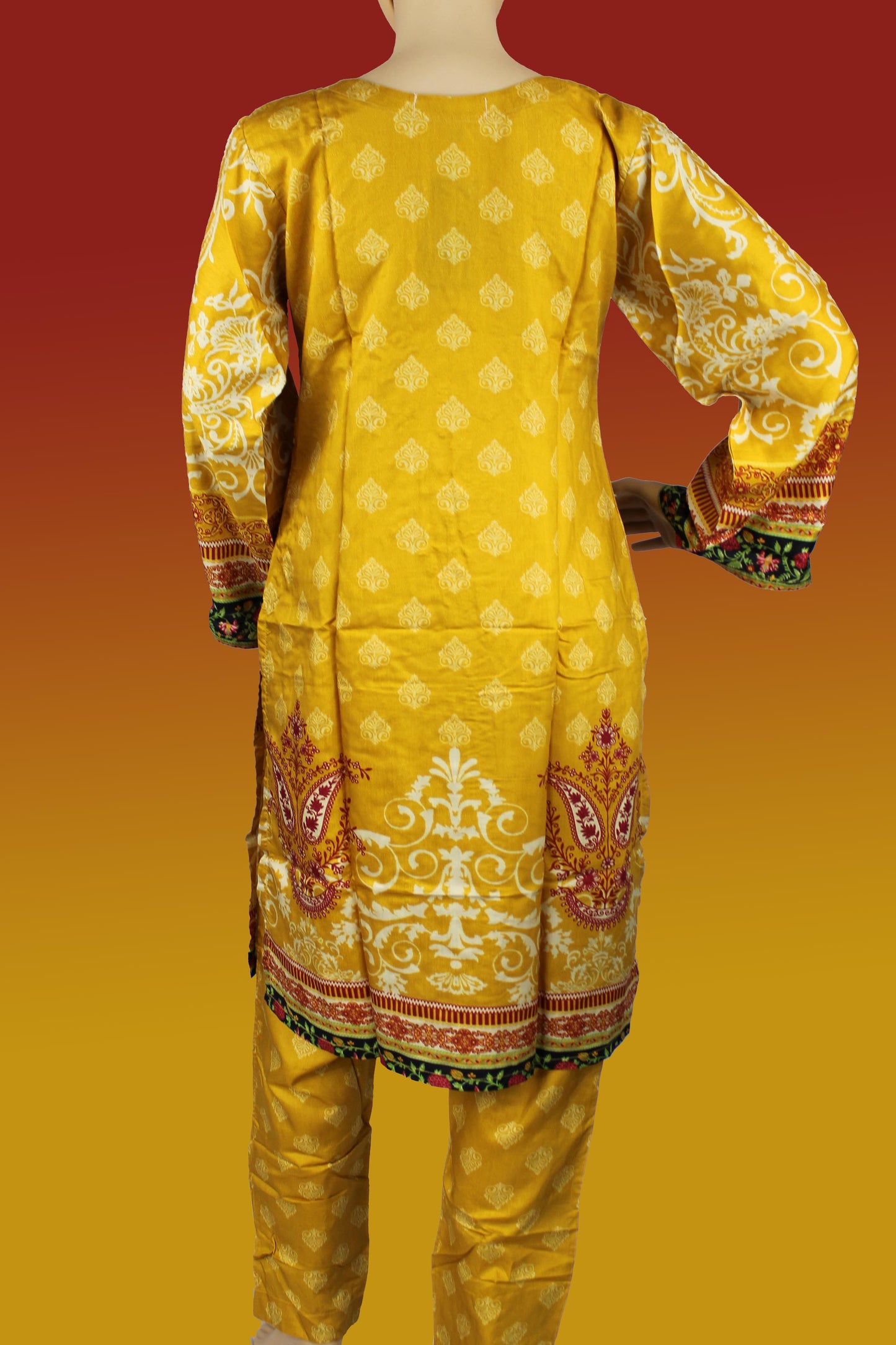 2 Piece - Cotton - Digital Printed - Handwork - Yellow - Maroon - 2800