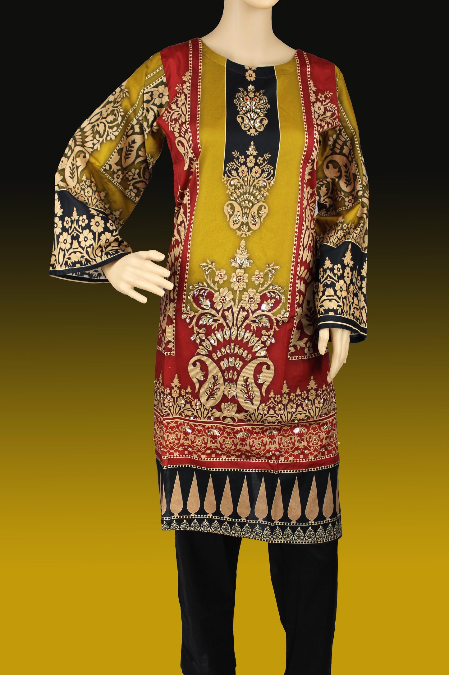 2 Piece - Cotton - Digital Printed - Handwork - Gold - Maroon - 3600