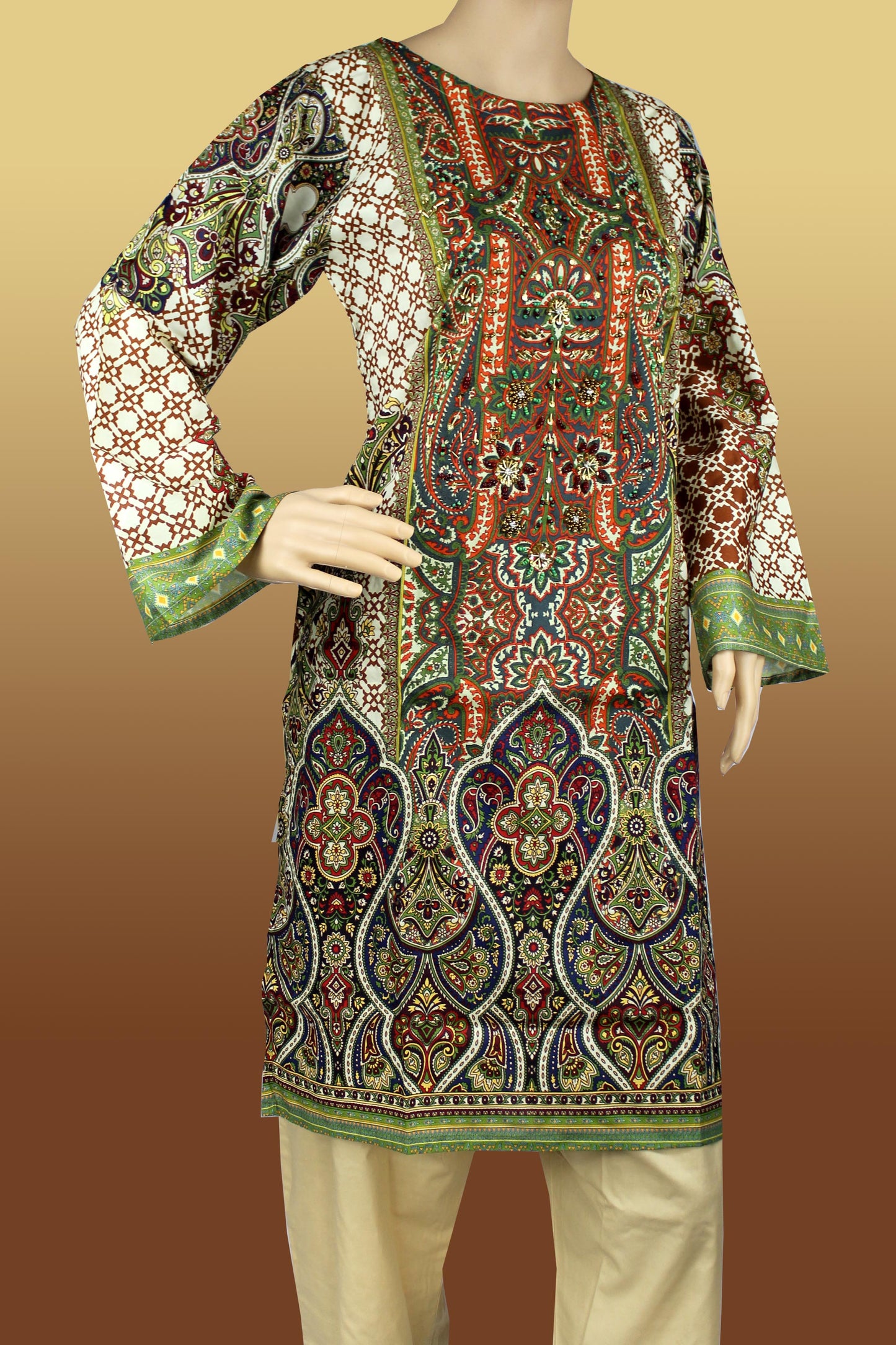 2 Piece - Cotton - Digital Printed - Handwork - MultiColor - Beige - 1900