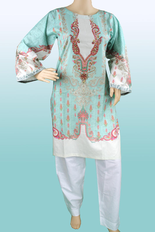 2 Piece - Cotton - Digital Printed - Handwork - Sky Blue-White-1700