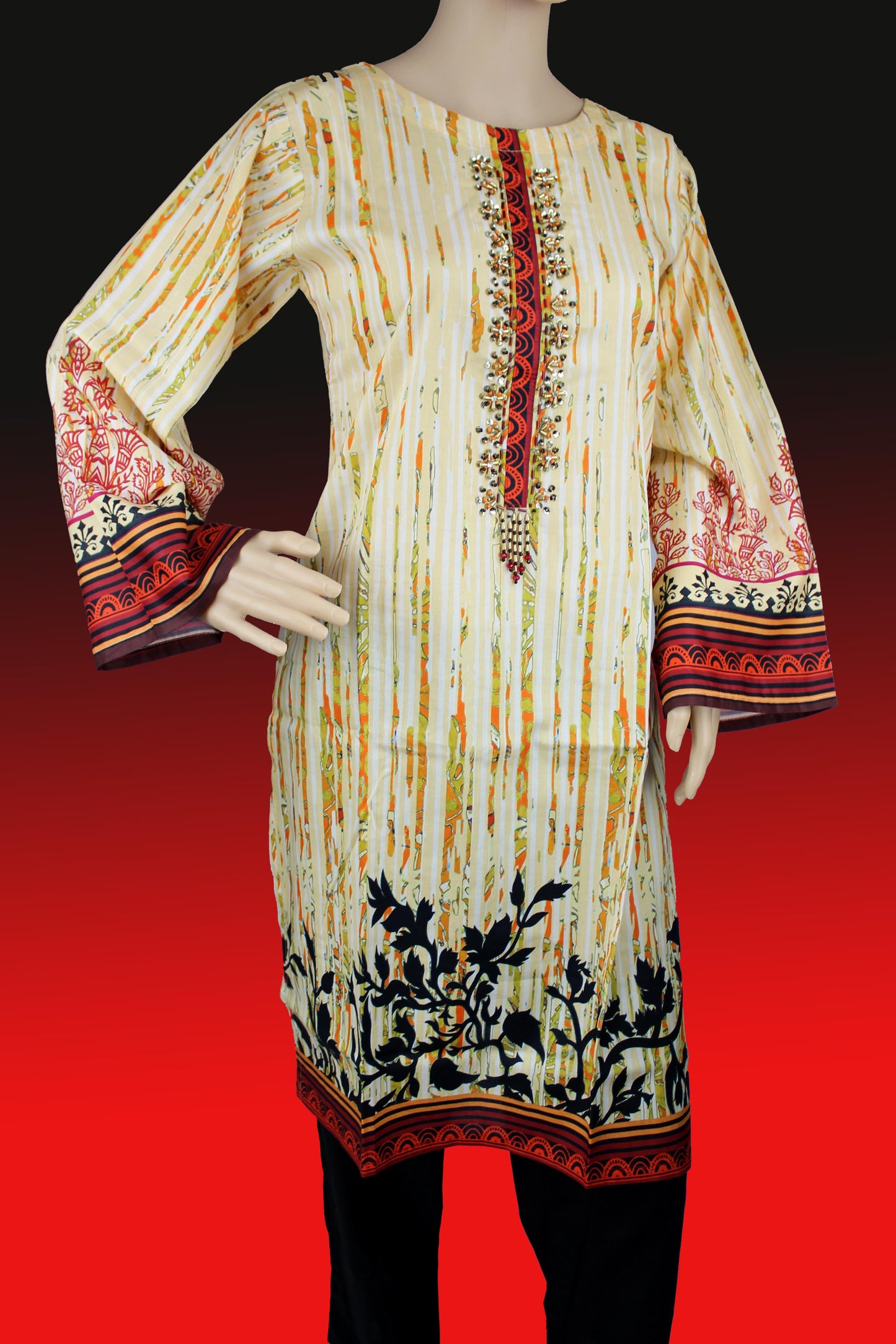 2 Piece - Cotton - Digital Printed - Handwork - Orange - Black - 3300