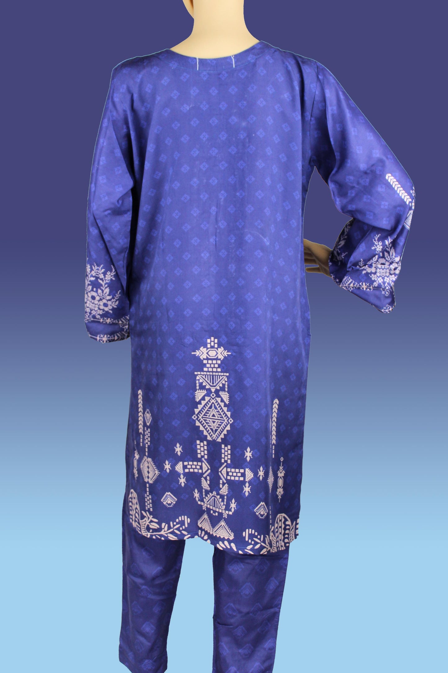 2 Piece - Viscose - Digital Printed - Handwork - Blue - White - 4300