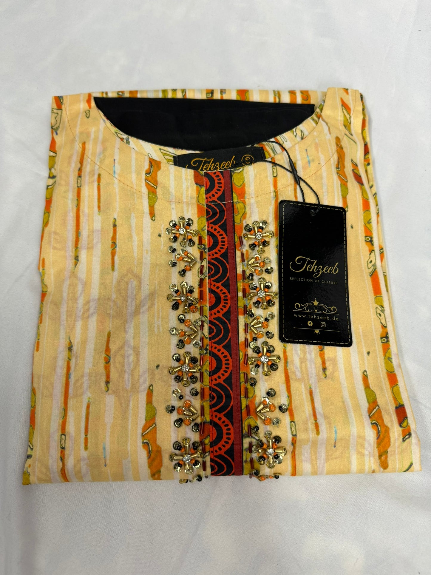 2 Piece - Cotton - Digital Printed - Handwork - Orange - Black - 3300