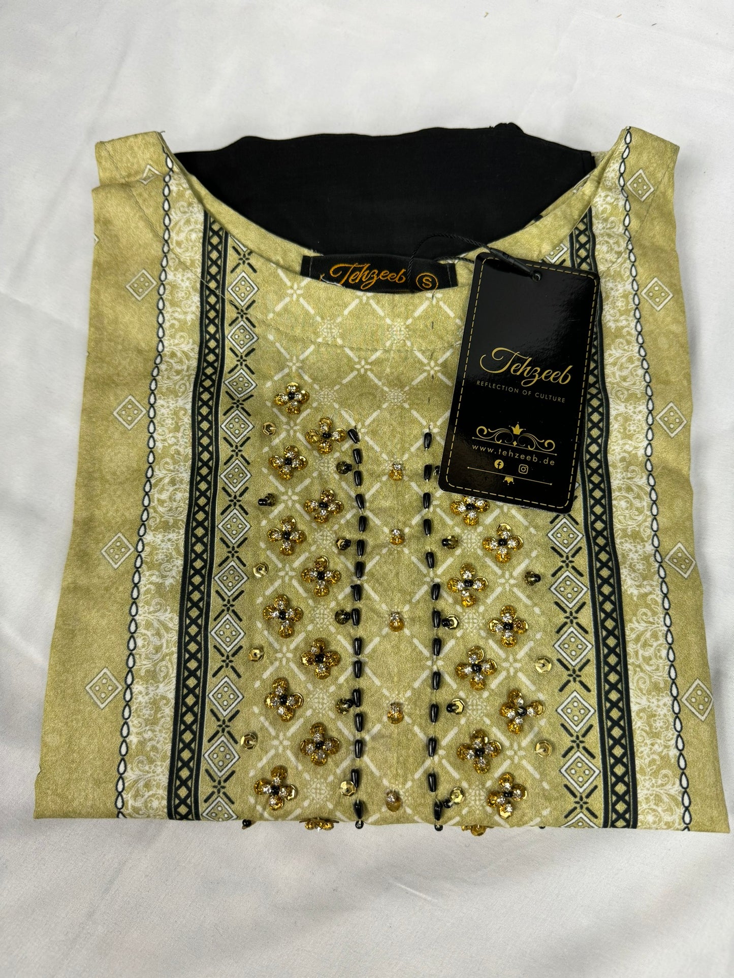 2 Piece - Cotton - Digital Printed - Handwork - Olive - Black - 3700