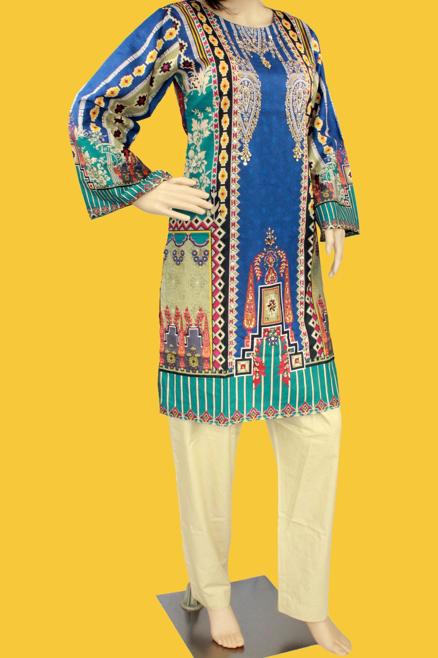 2 Piece - Cotton - Digital Printed - Handwork - Blue-Baige-1200