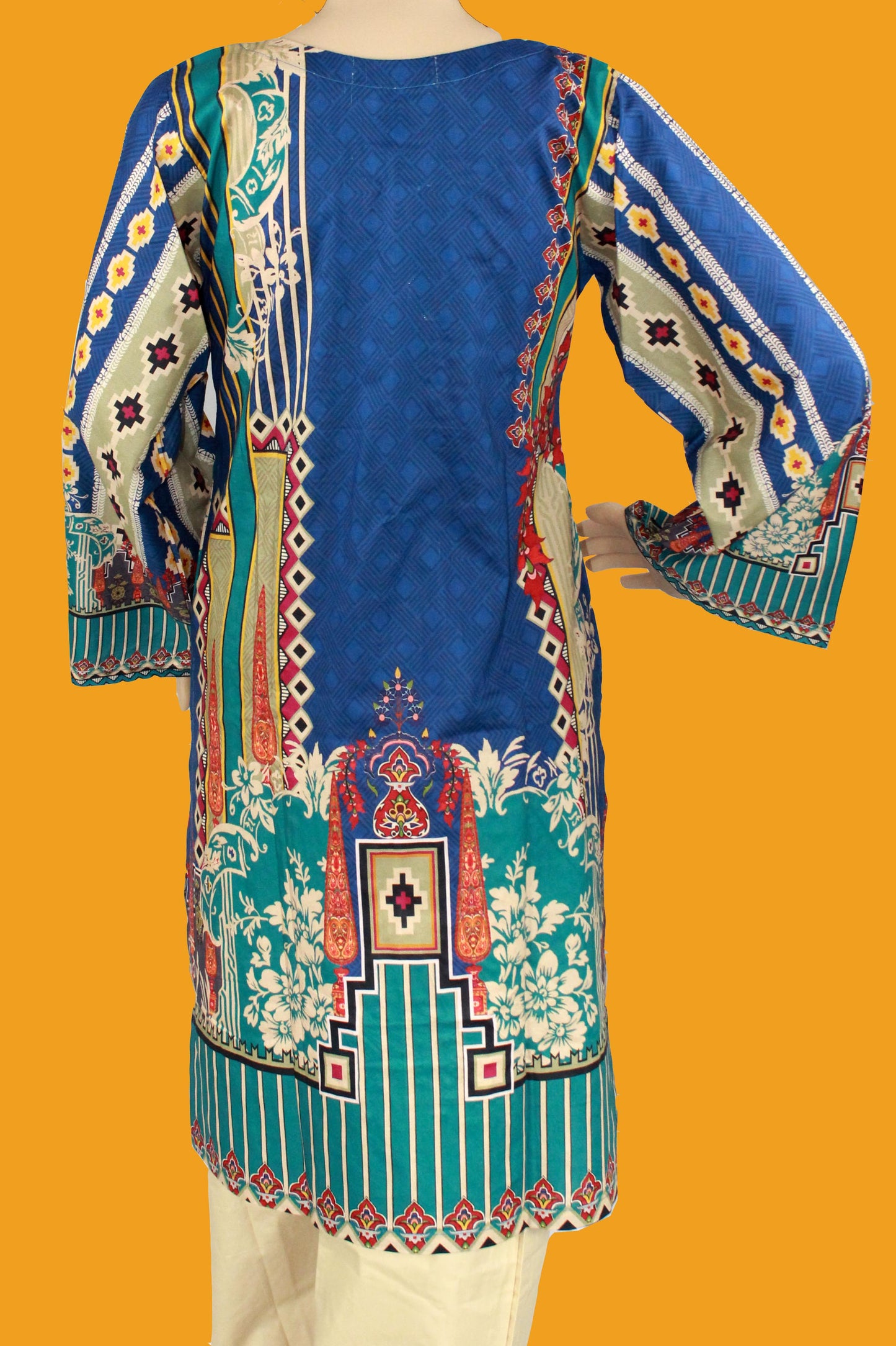 2 Piece - Cotton - Digital Printed - Handwork - Blue-Baige-1200