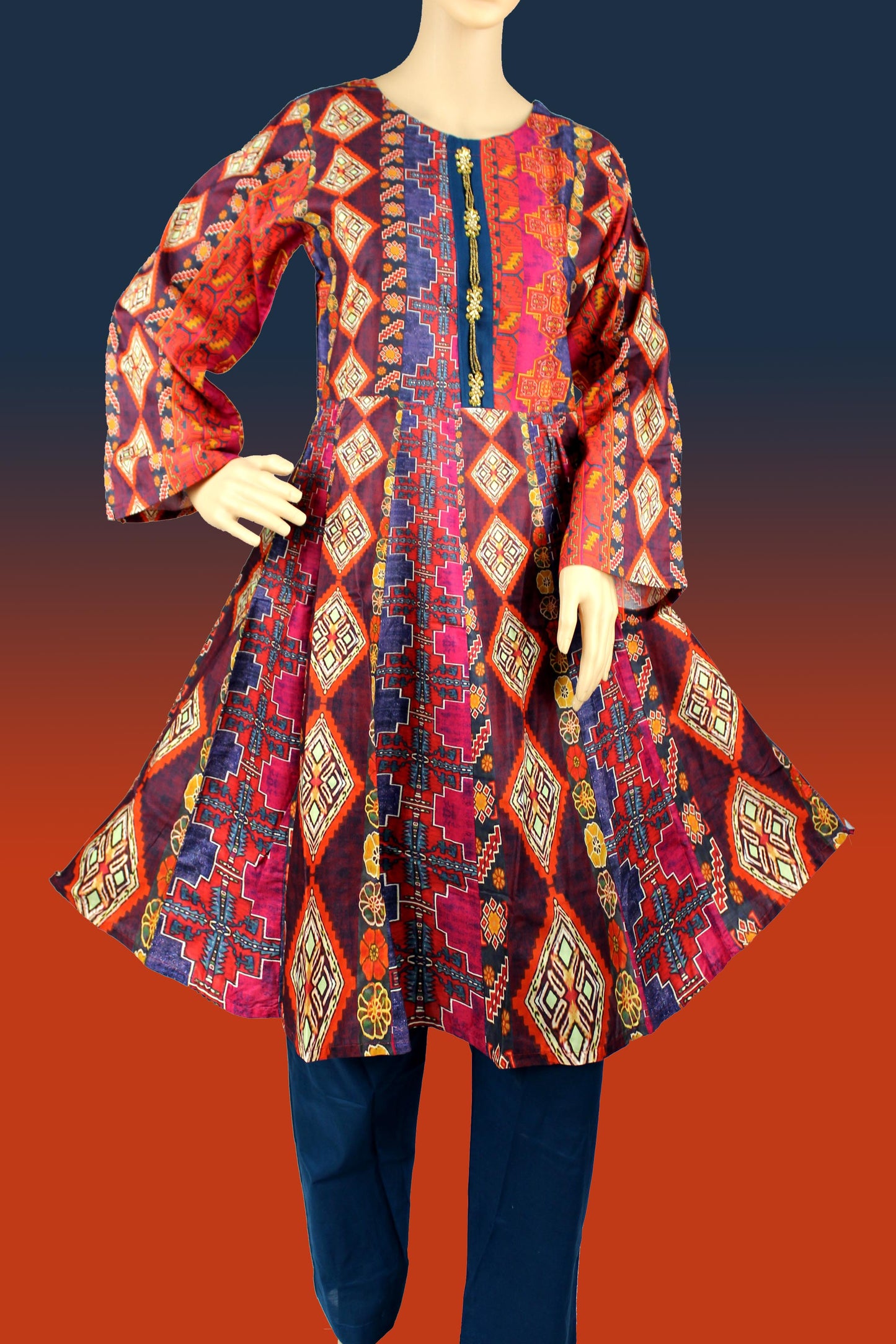 2 Piece - Lawn - Frock - Digital Printed - Blue - Maroon - 2500