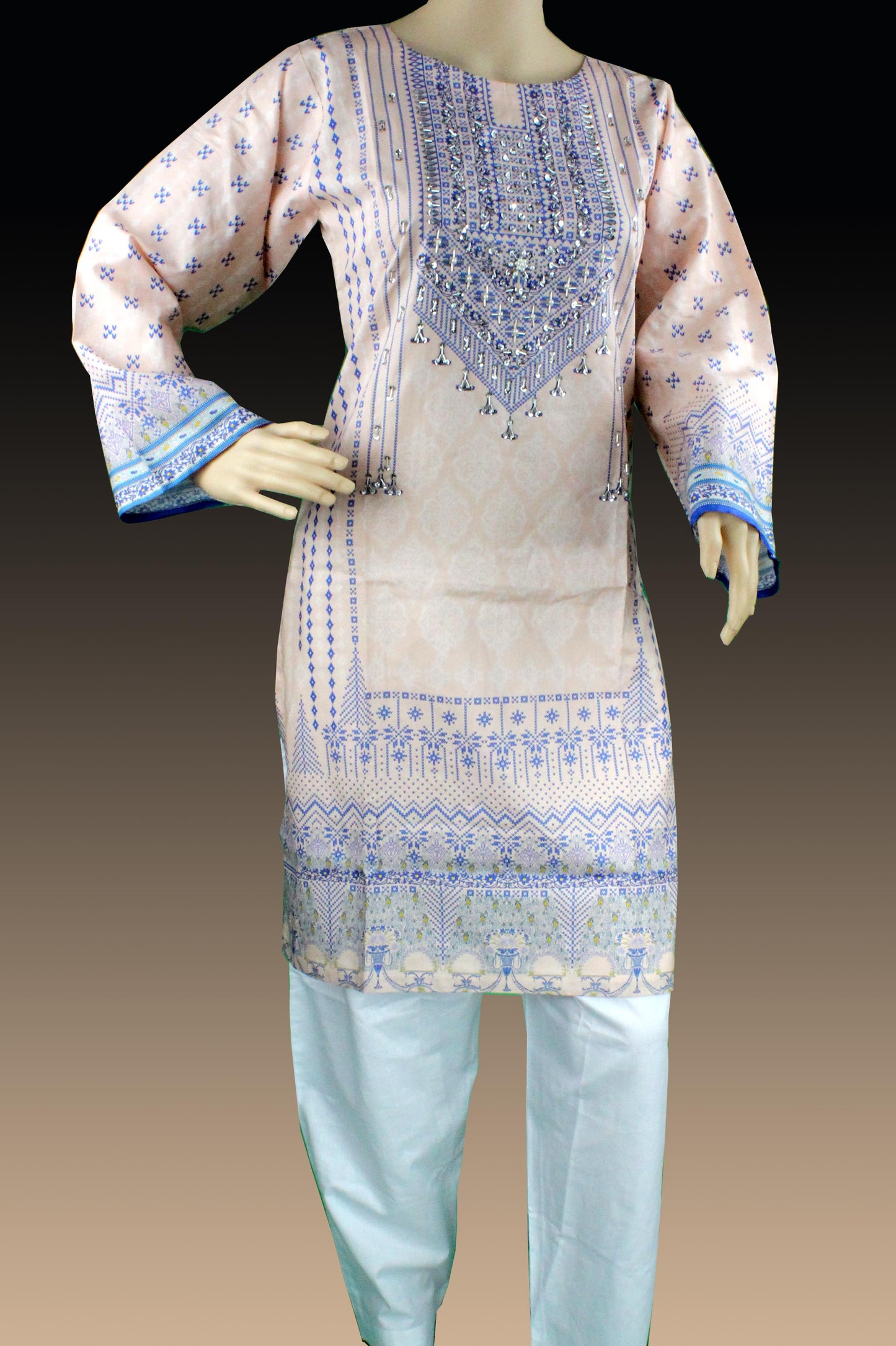 2 Piece - Cotton - Digital Printed - Handwork - Peech-White-1600