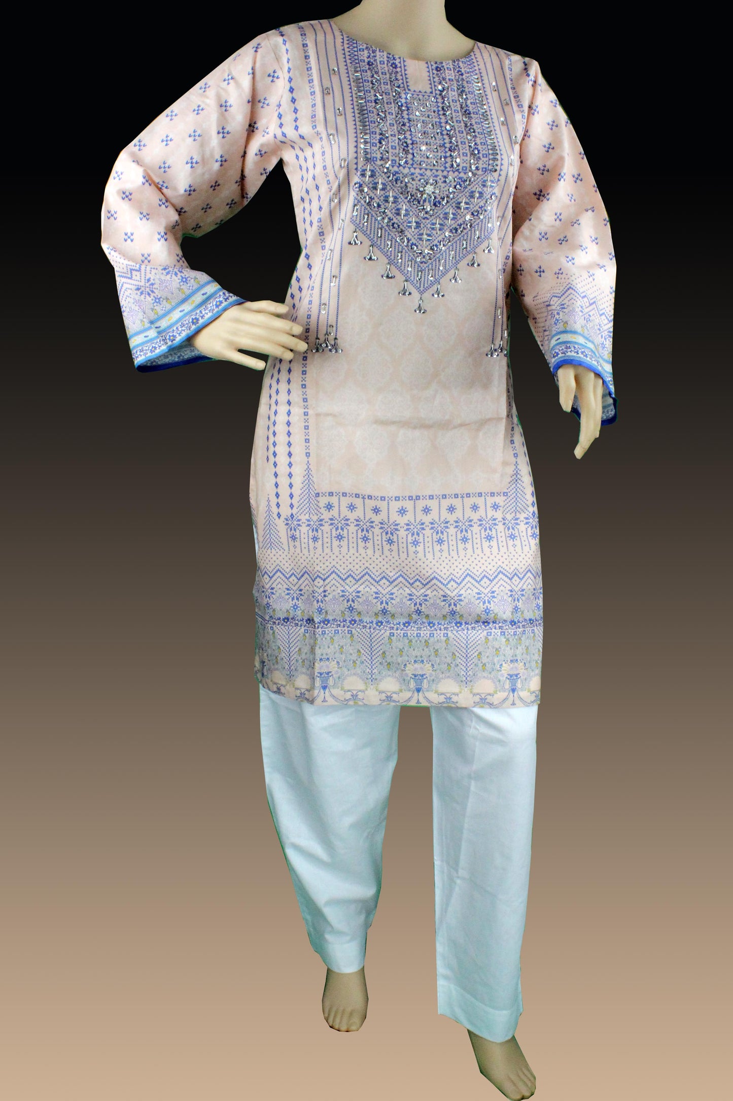 2 Piece - Cotton - Digital Printed - Handwork - Peech-White-1600