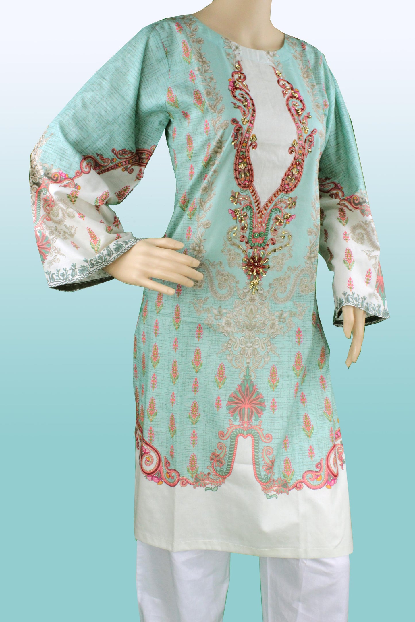 2 Piece - Cotton - Digital Printed - Handwork - Sky Blue-White-1700