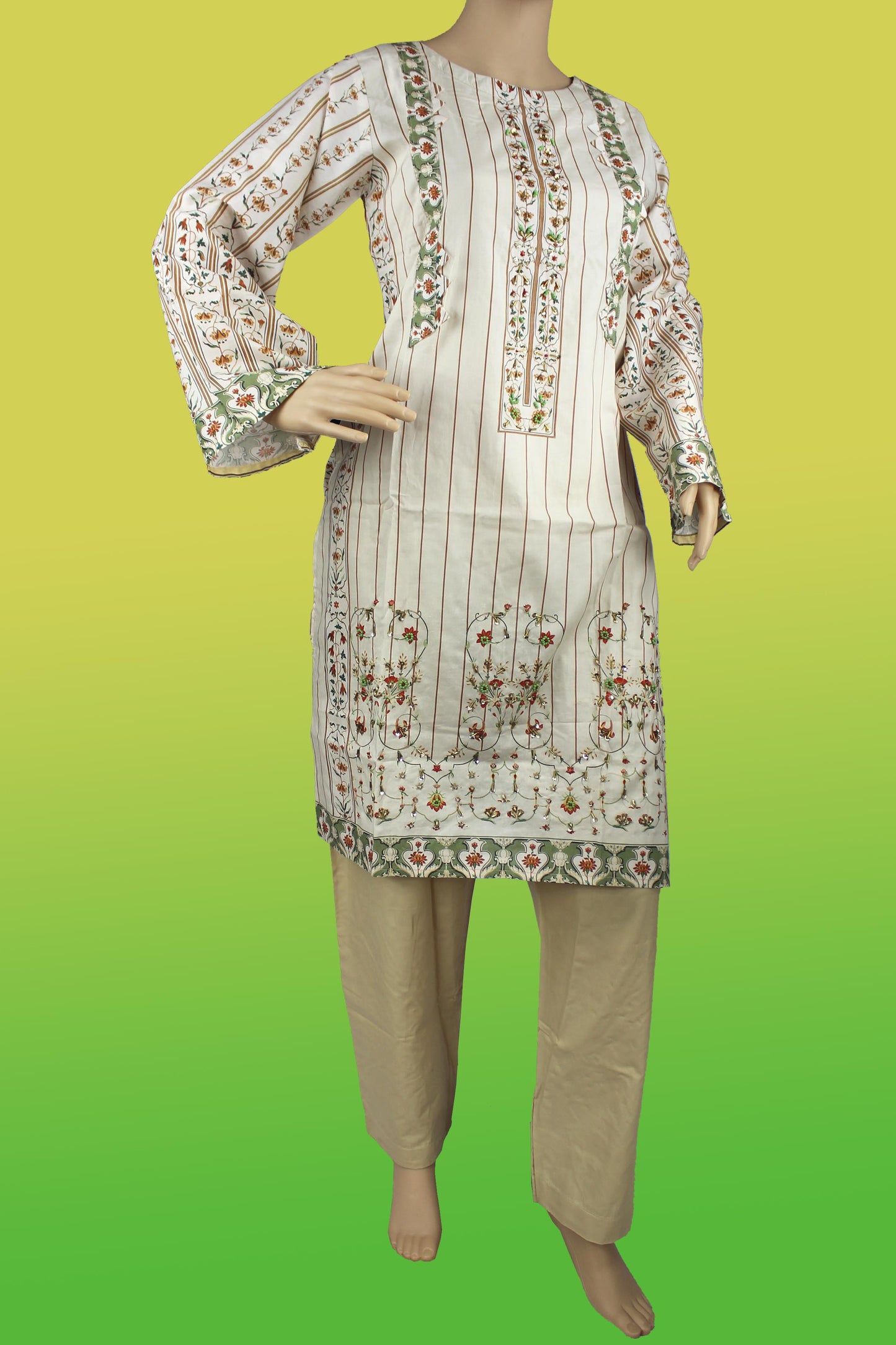 2 Piece - Cotton - Digital Printed - Handwork - Sand - Green - 2400