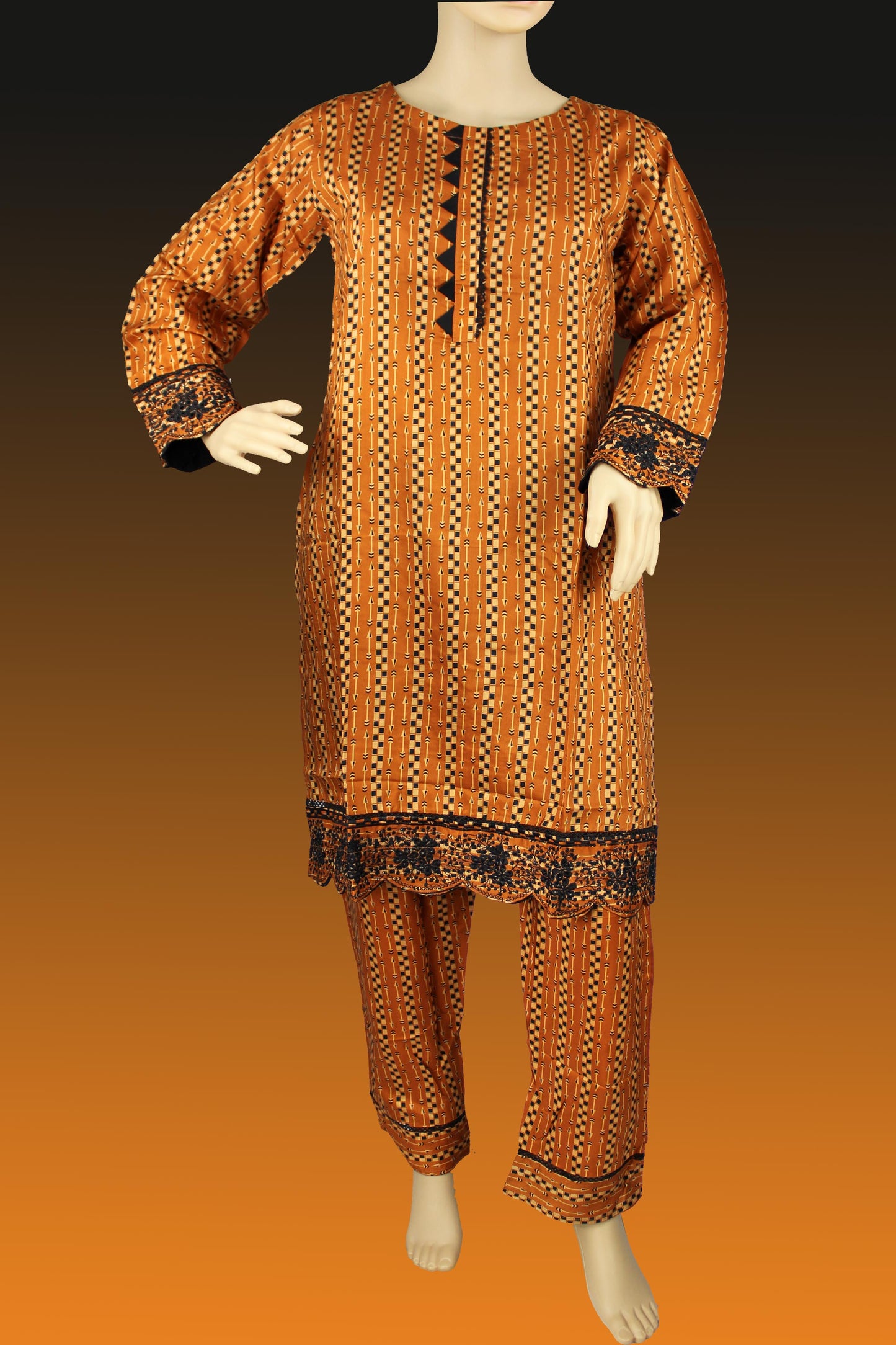 2 Piece - Viscose - Digital Printed - Embroidered - Orange - Black - 4500