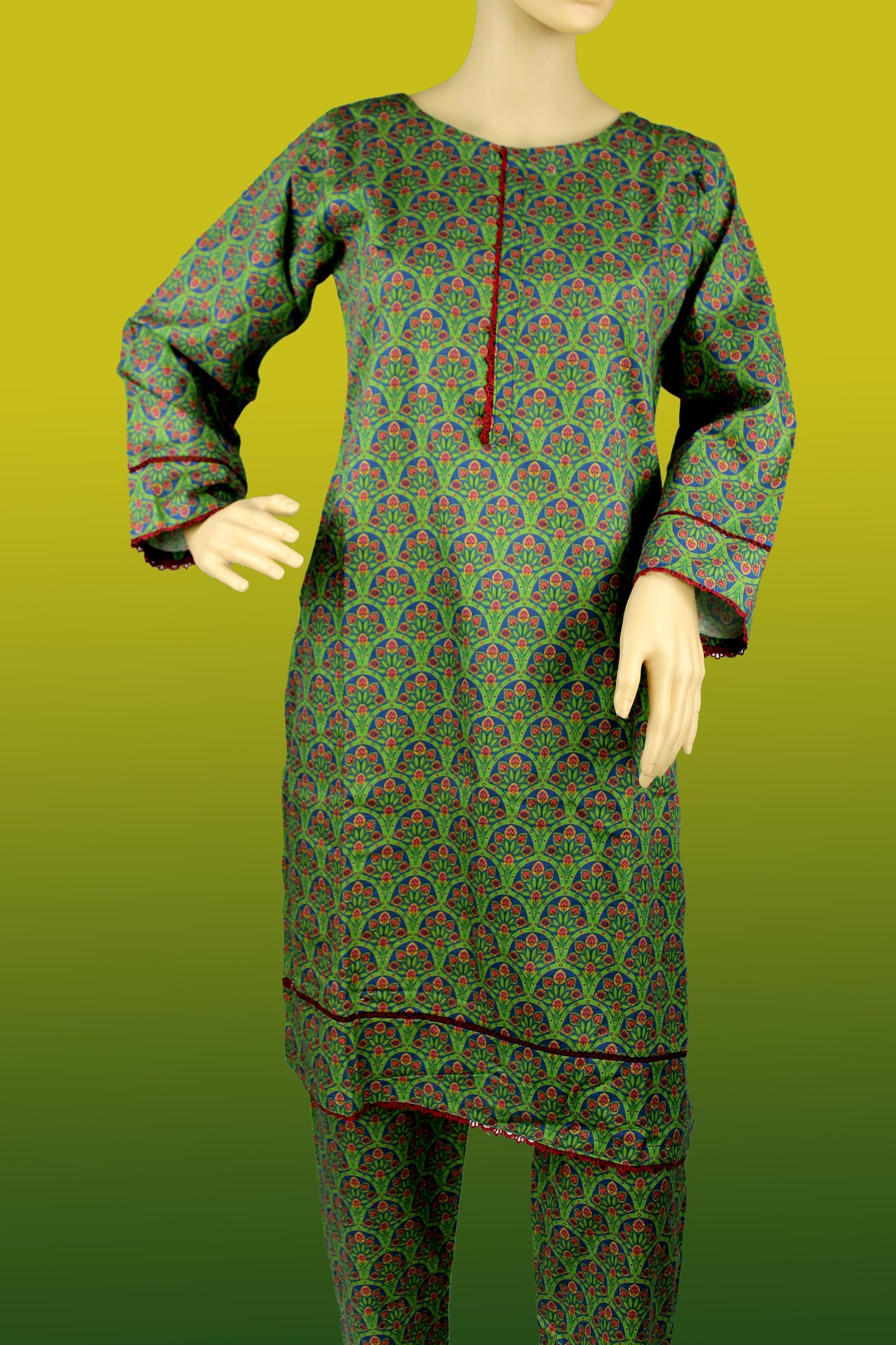 2 Piece - Khaddar - Digital Printed - Green - Maroon - 2200