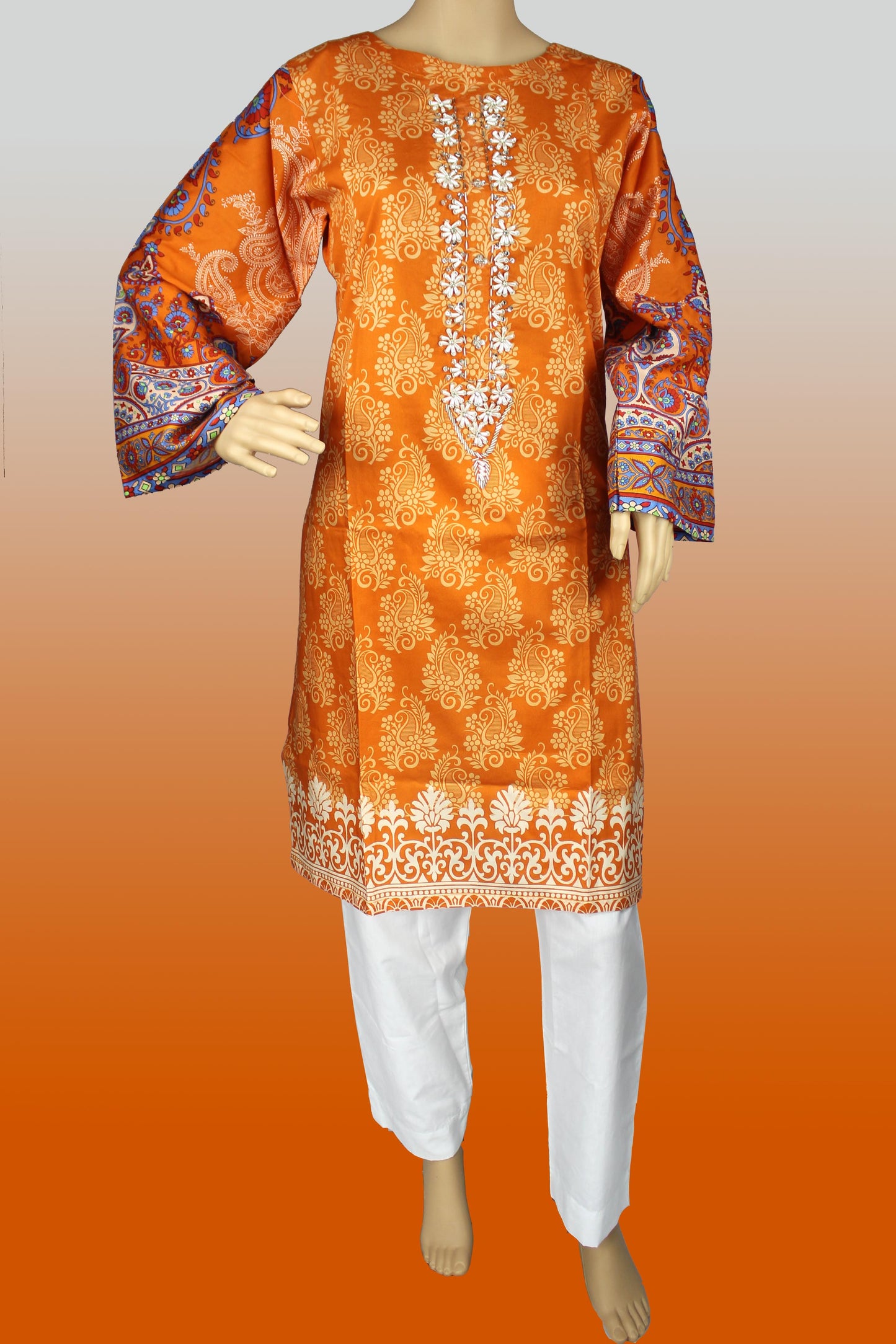 2 Piece - Cotton - Digital Printed - Handwork - Orange - White - 4900