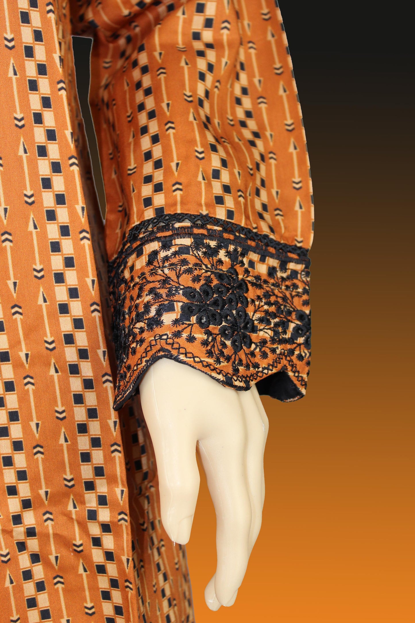 2 Piece - Viscose - Digital Printed - Embroidered - Orange - Black - 4500