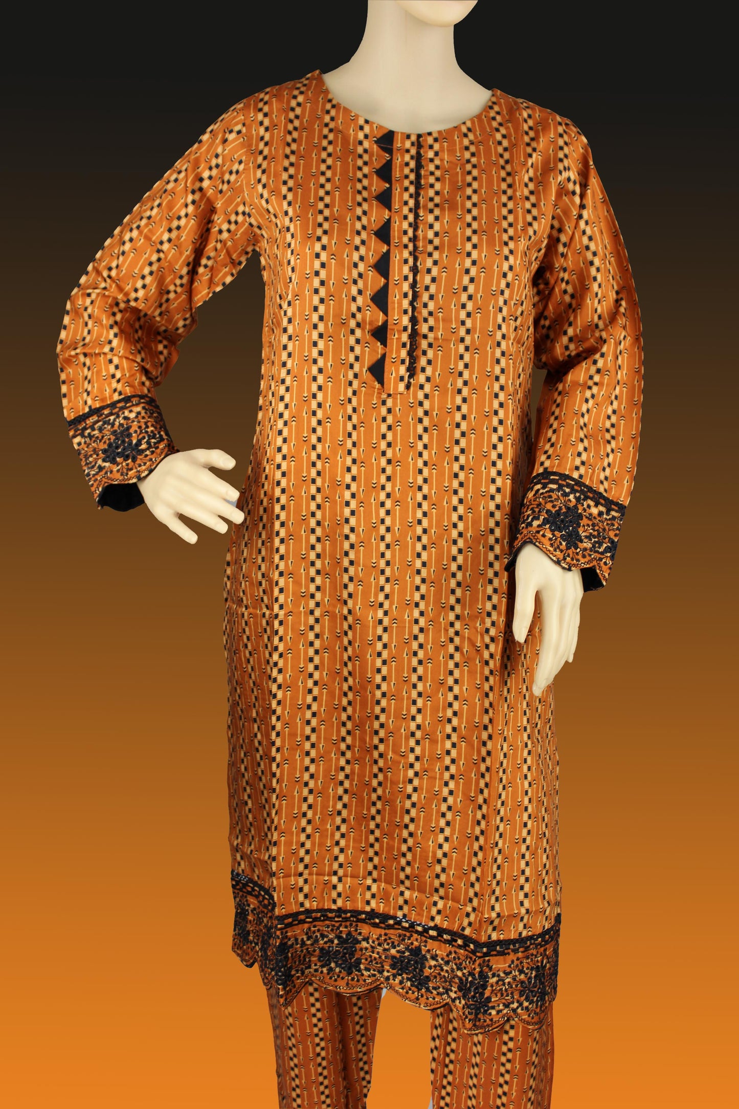 2 Piece - Viscose - Digital Printed - Embroidered - Orange - Black - 4500