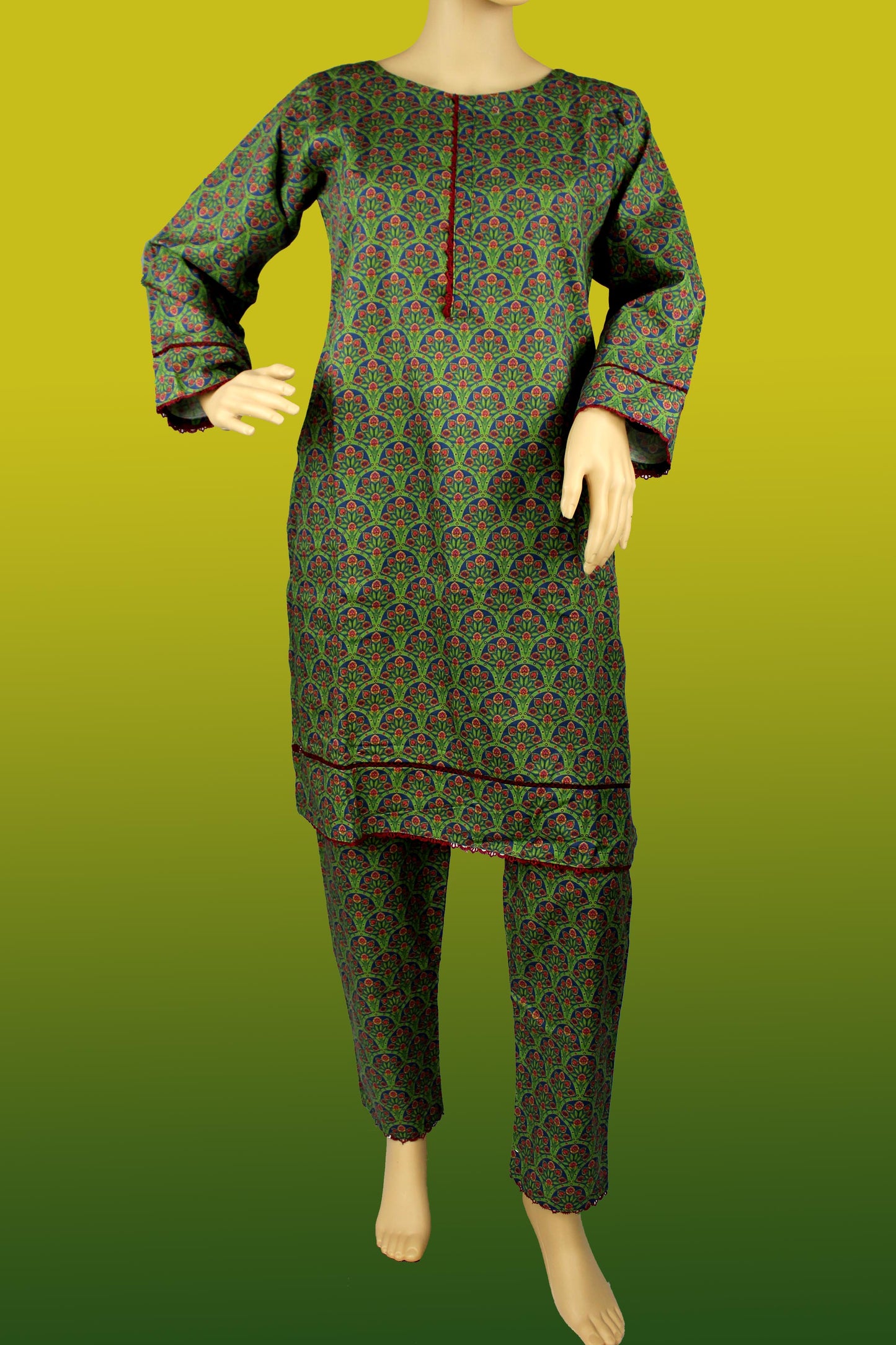 2 Piece - Khaddar - Digital Printed - Green - Maroon - 2200