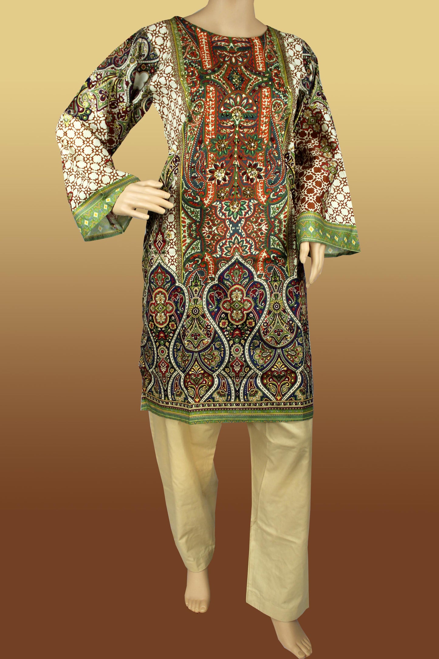 2 Piece - Cotton - Digital Printed - Handwork - MultiColor - Beige - 1900