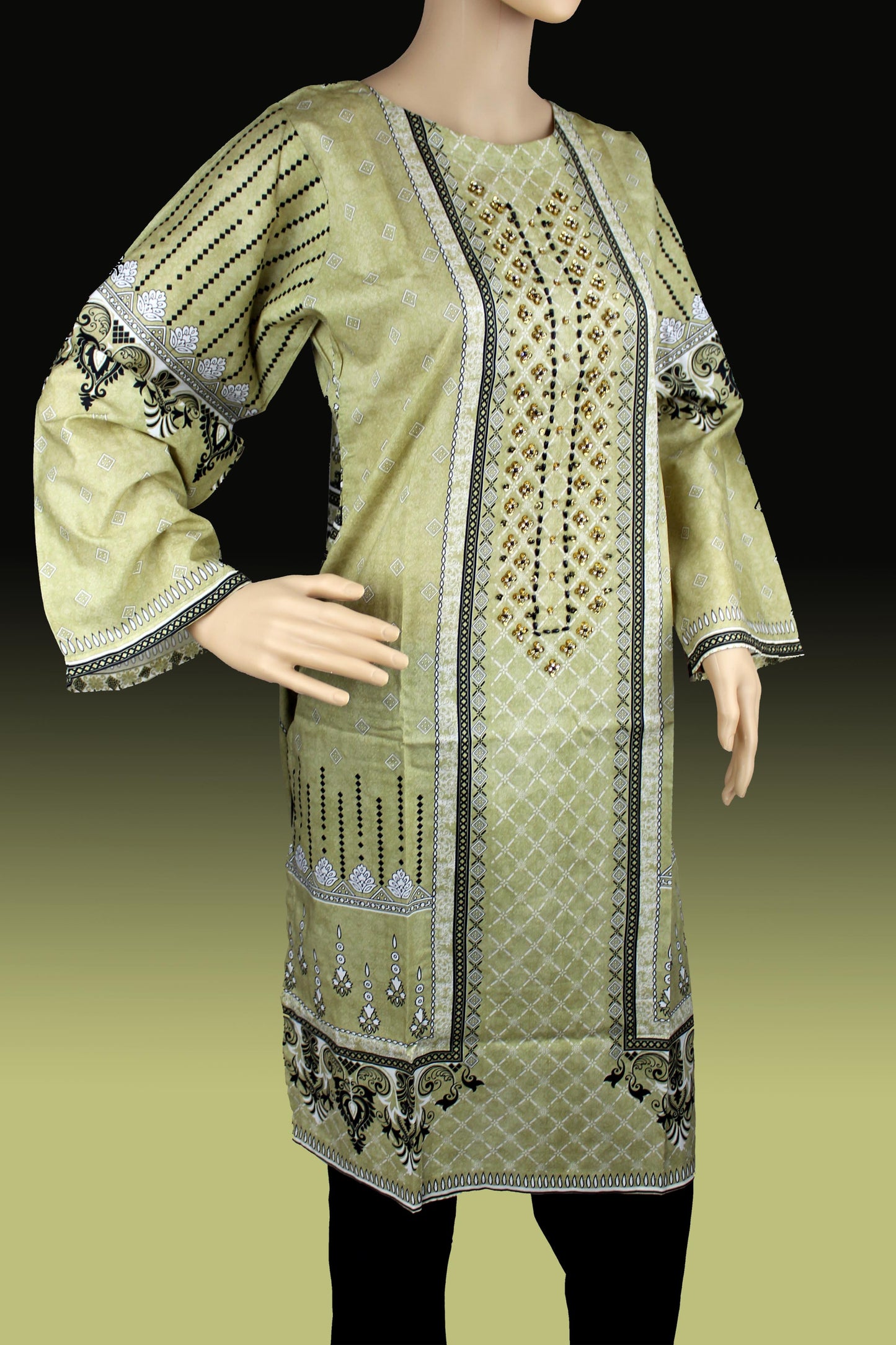 2 Piece - Cotton - Digital Printed - Handwork - Olive - Black - 3700