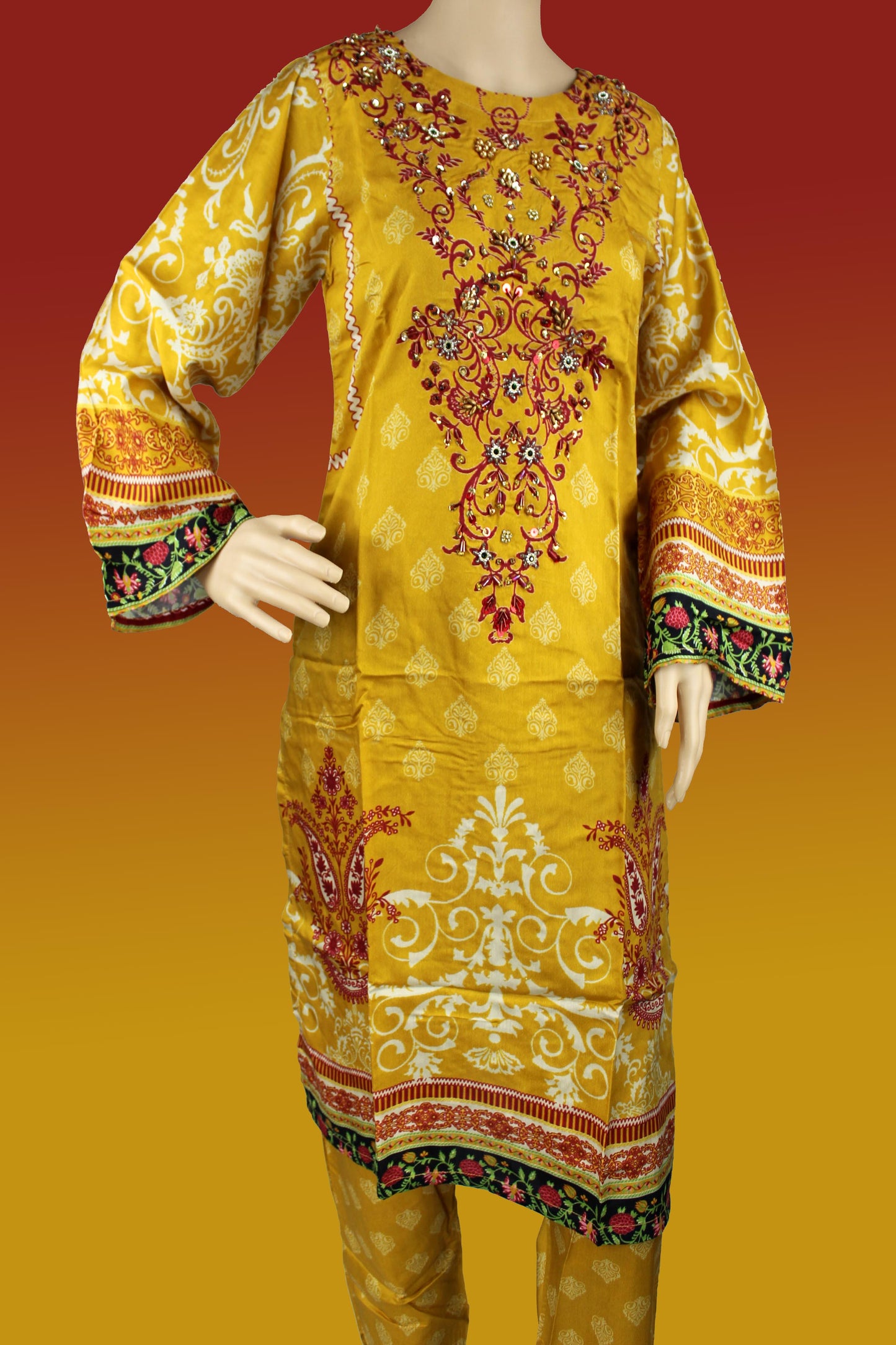 2 Piece - Cotton - Digital Printed - Handwork - Yellow - Maroon - 2800