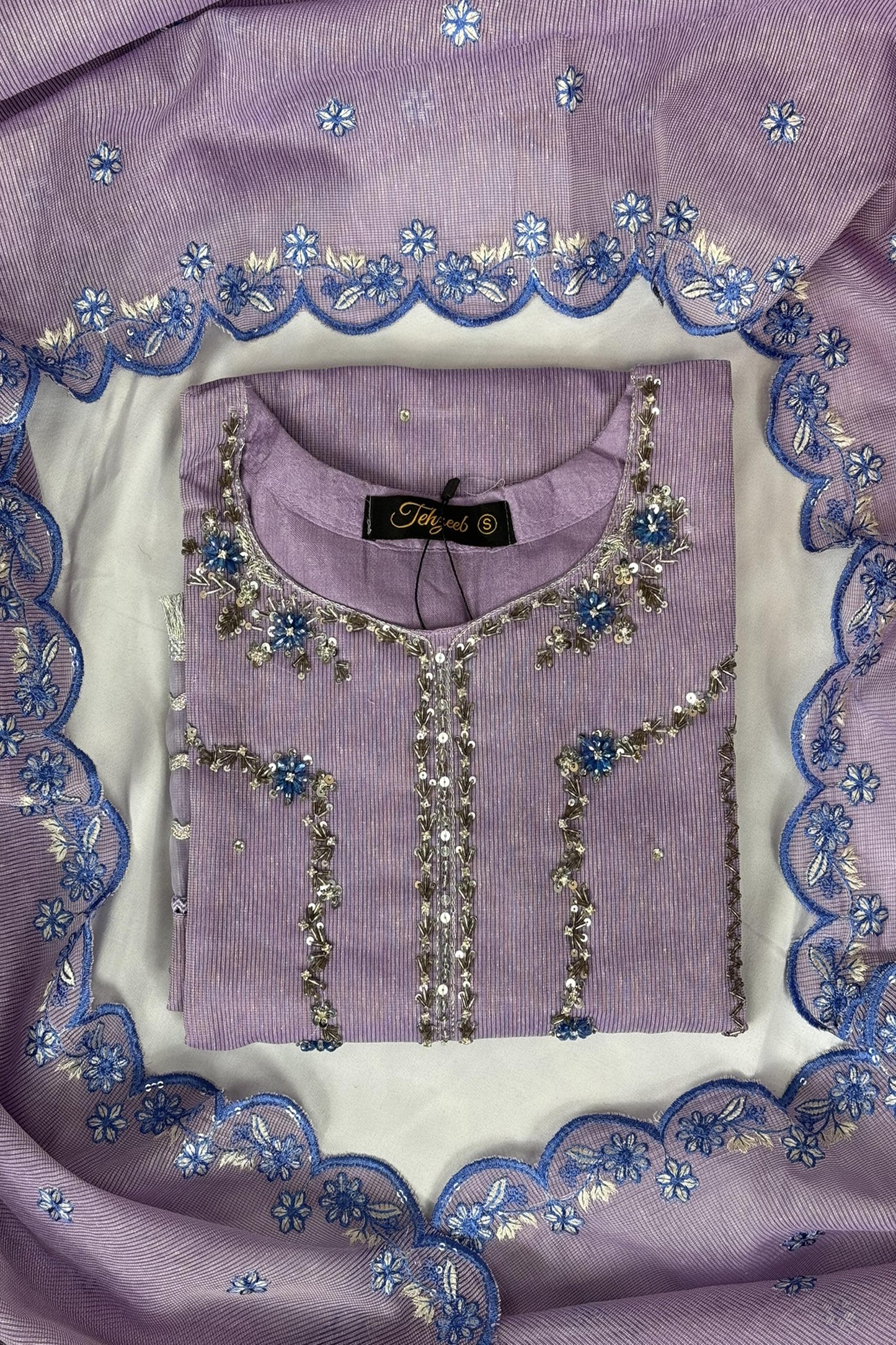 3 Piece - Khadi Net - Handwork - Pastel Purple - KN-5800