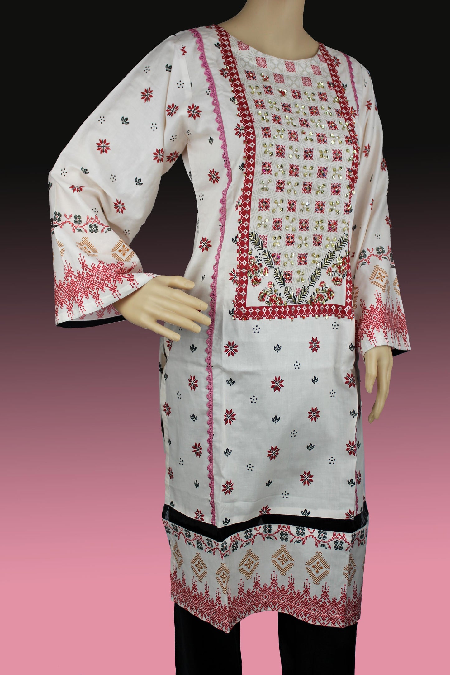 2 Piece - Cotton - Digital Printed - Handwork - Pink - Black - 3400